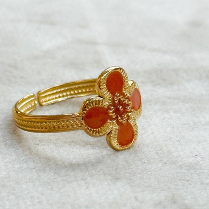 Orange Clover Enamel Gold Ring