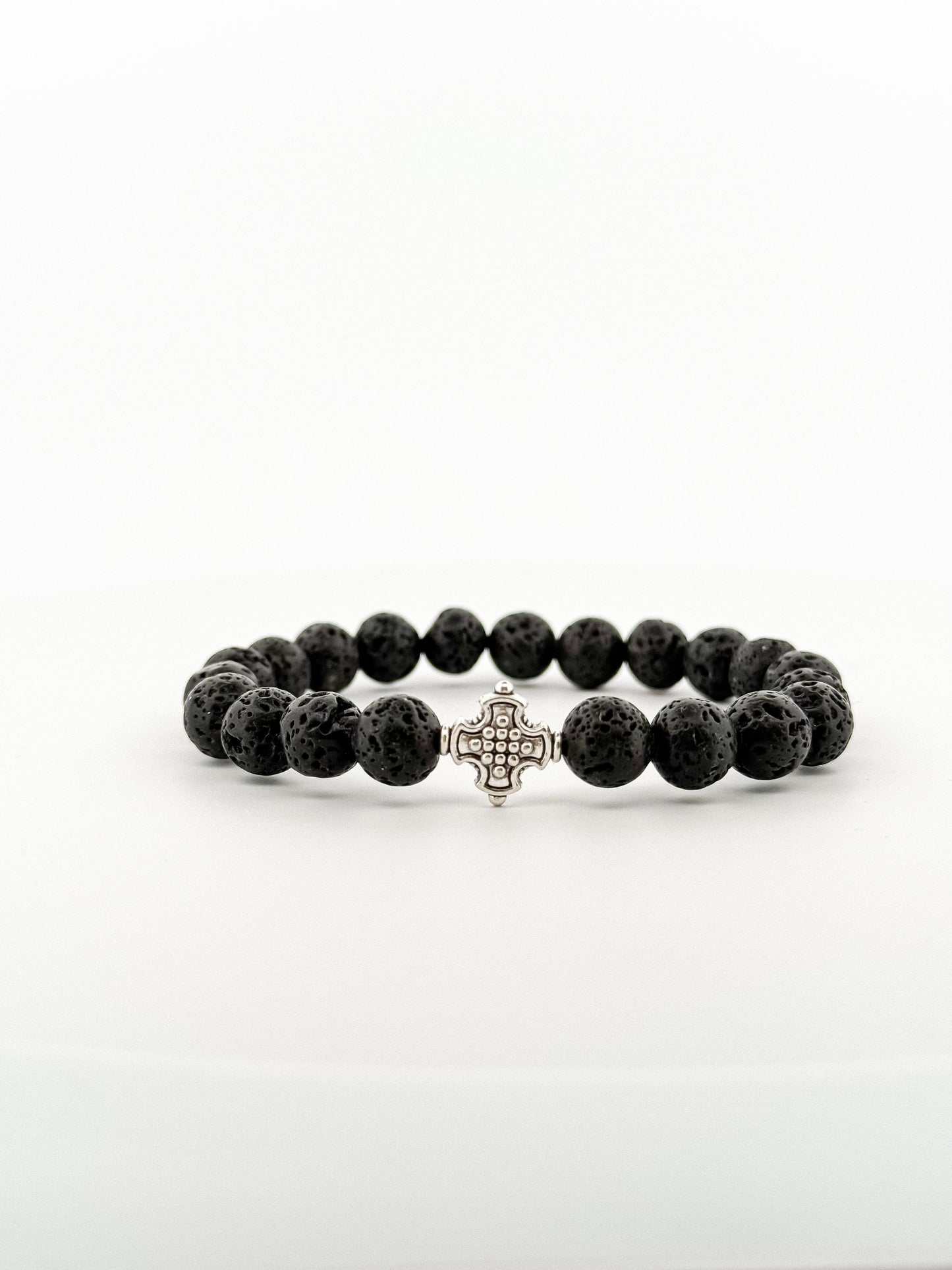 Lava Stone Bracelet Silver Square Cross (8 mm)