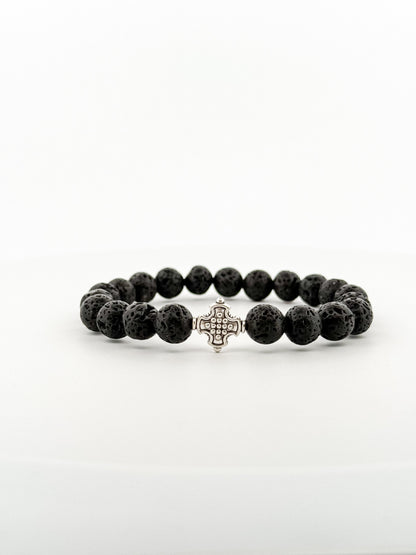 Lava Stone Bracelet Silver Square Cross (8 mm)