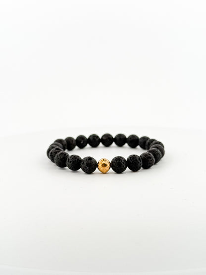 Lava Stone Bracelet Gold Bead engraved (8 mm)