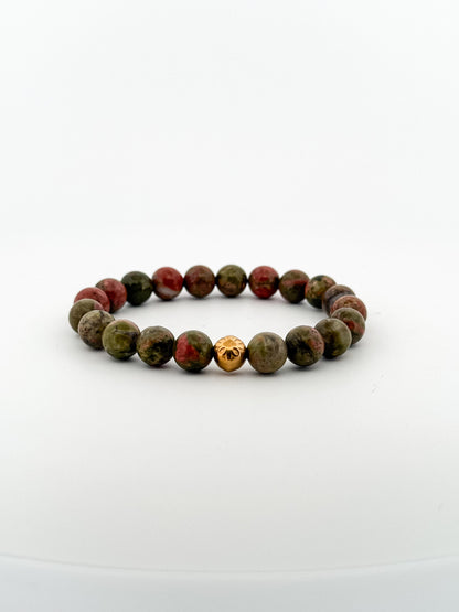 Unakite Bracelet Gold Bead engraved with Flower 8mm