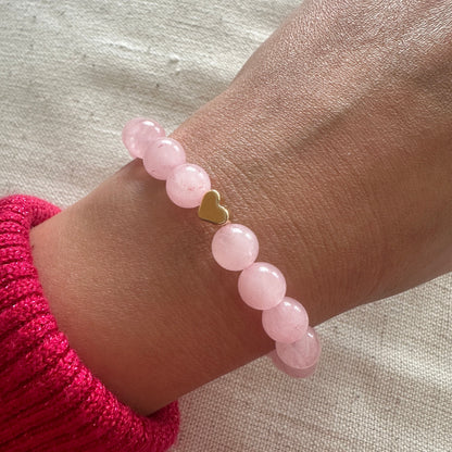 Rose quartz Bracelet Gold Heart 8mm <br> Bohemian Bracelet