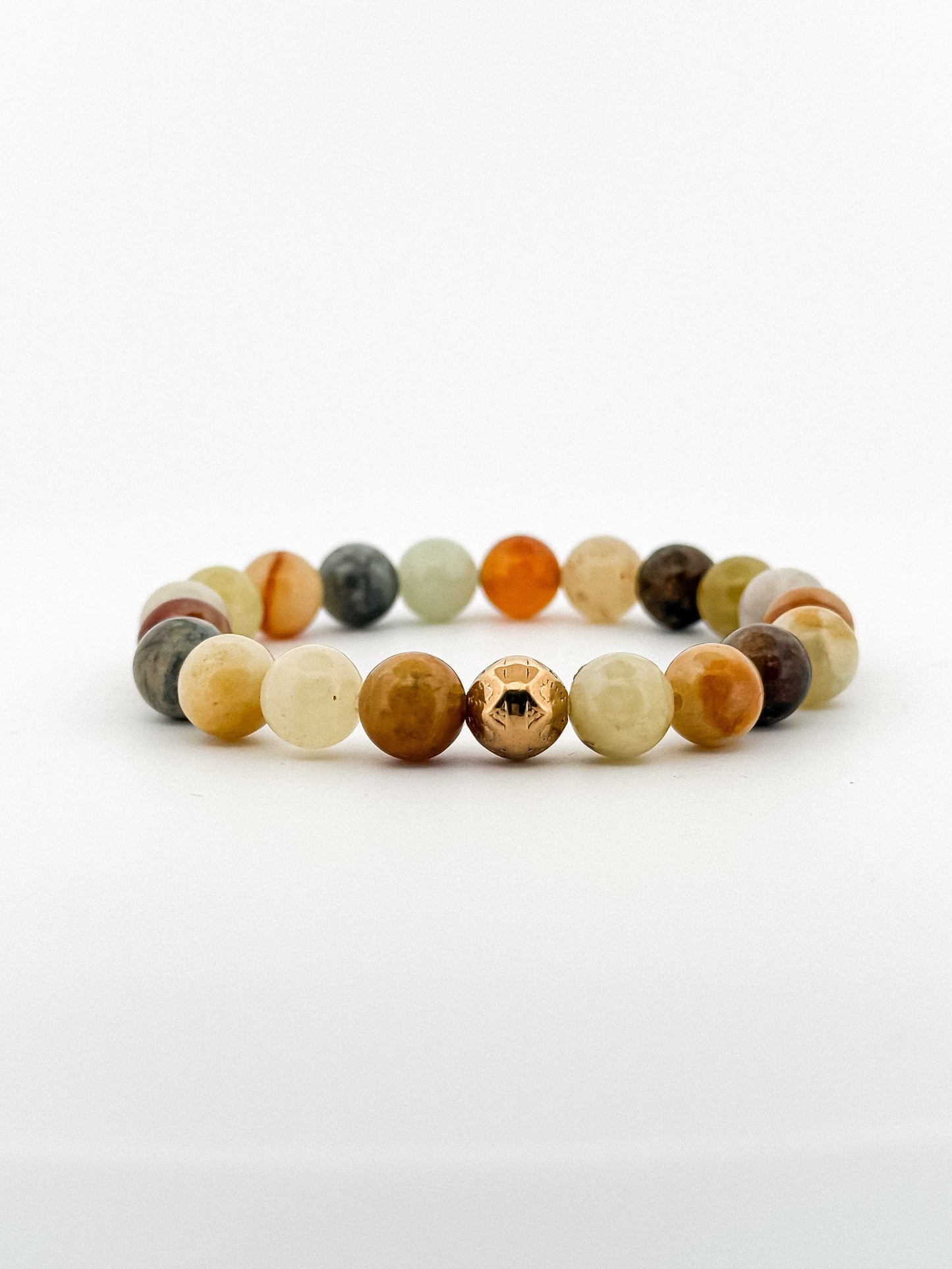 Jade Colourful Gold Bead Engraved Bracelet 8mm