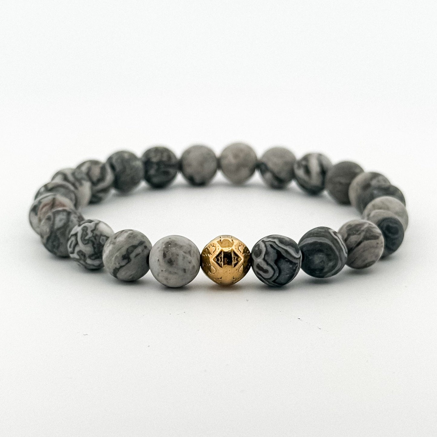 Map stone Bracelet Gold 8mm Gold Bead engraved with flower