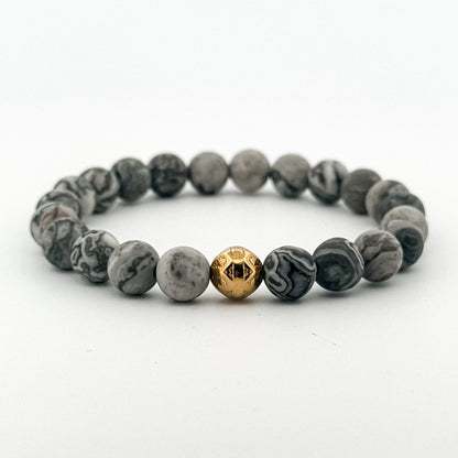 Map stone Bracelet Gold 8mm Gold Bead engraved with flower