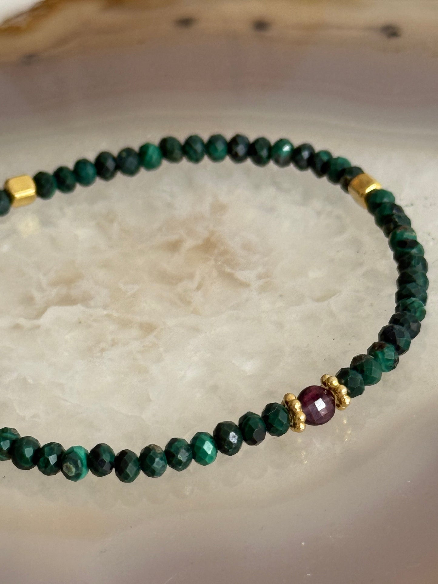 Malachite Bracelet and Garnet Stone (Gold Vermeil)