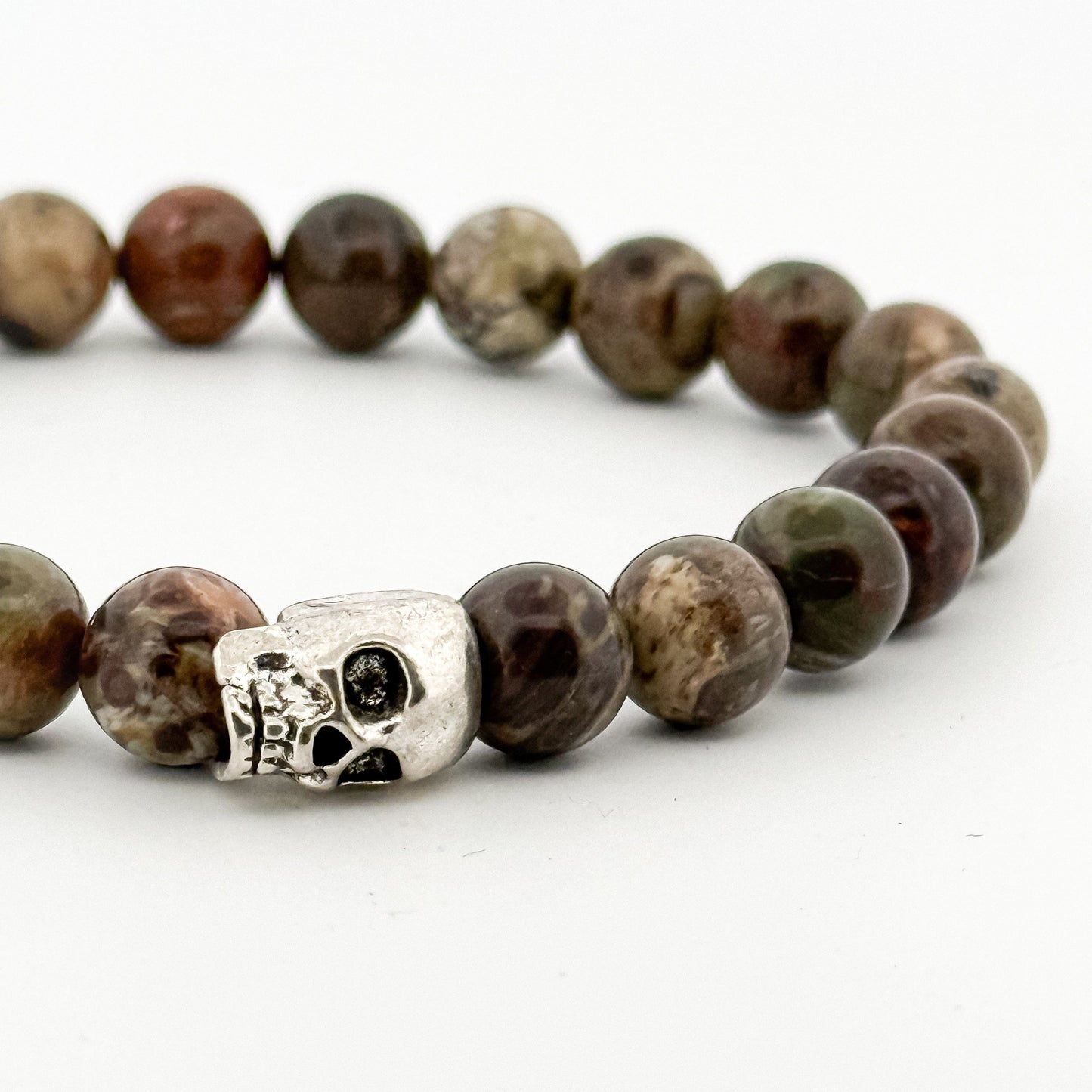 Rain Forest Agate Bracelet Silver Skull 8mm