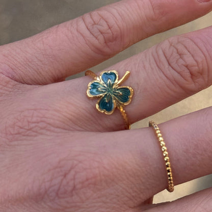 Blue Clover Enamel Gold Ring (4 Leaves)