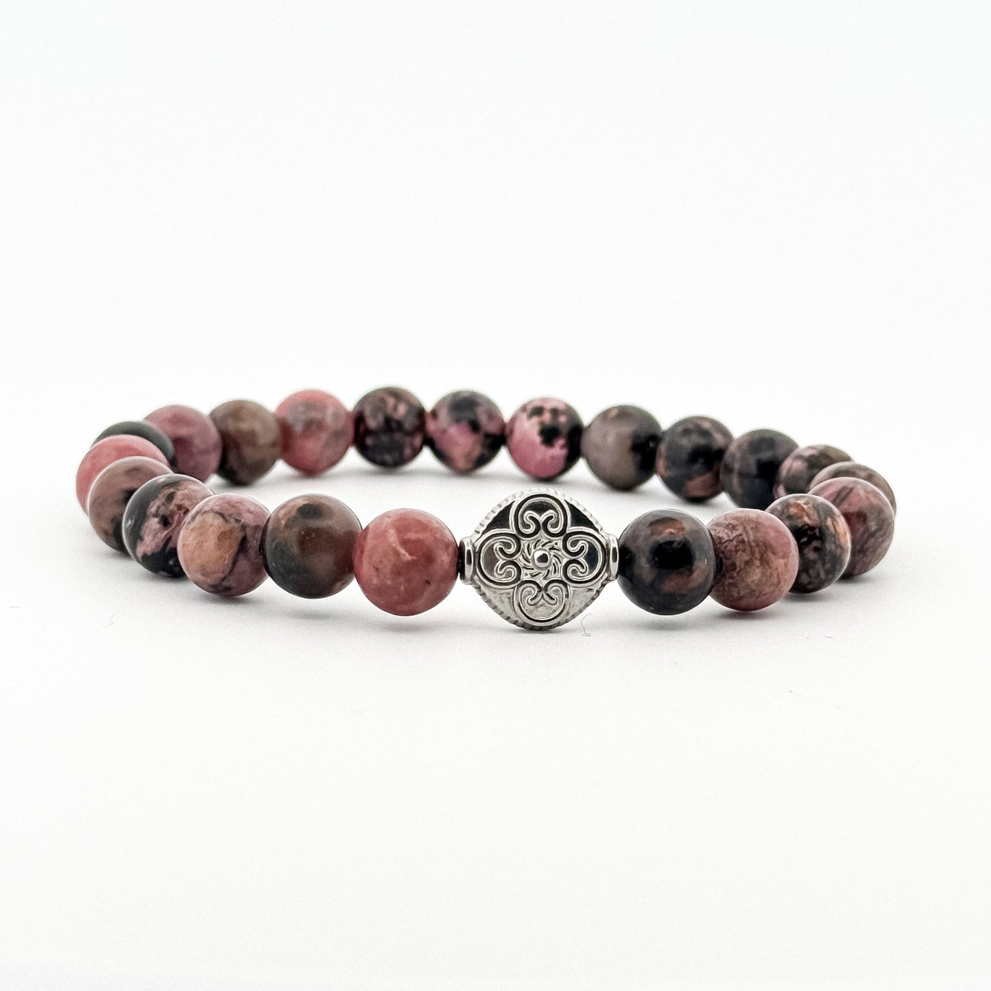 Dark Rhodonite Bracelet Gold 8mm Silver Flower Coin