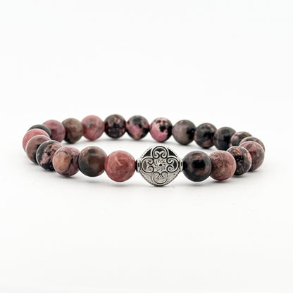 Dark Rhodonite Bracelet Gold 8mm Silver Flower Coin