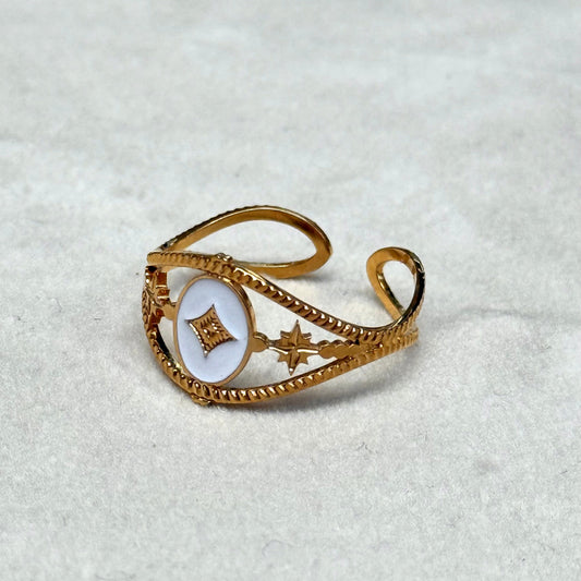 Cross  and Stars Enamel Gold Ring