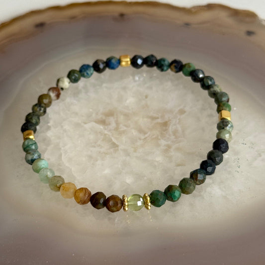 Multicolored Chrysocolla stone bracelet and Peridot, with Gold Vermeil