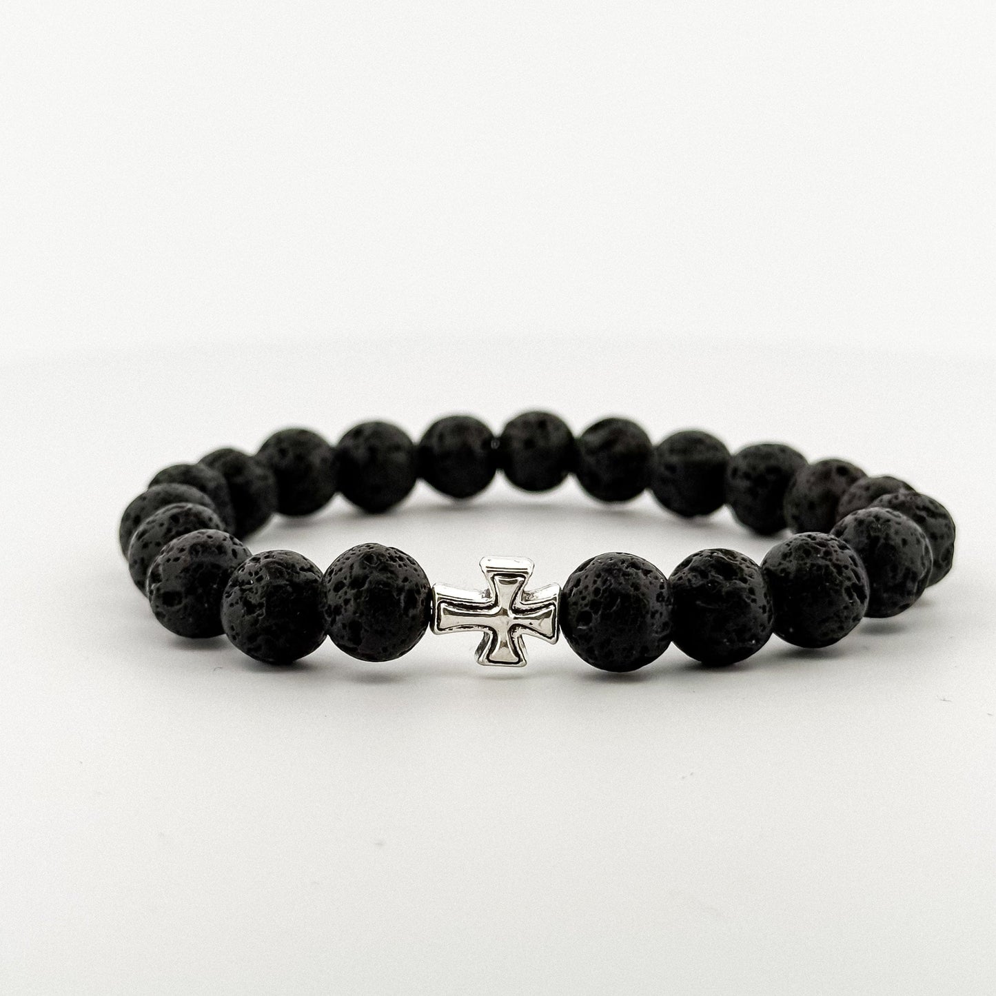 Lava Stone Bracelet Silver Cross (8 mm)
