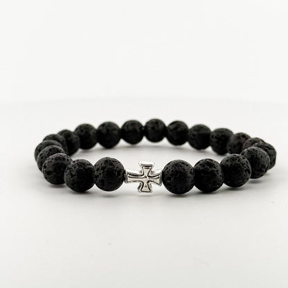 Lava Stone Bracelet Silver Cross (8 mm)