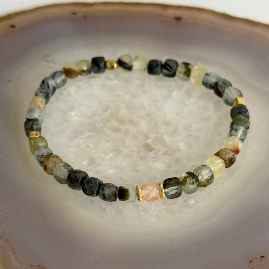 Green Prehnite Square faceted Stones and Sunstone with Gold Vermeil Bracelet