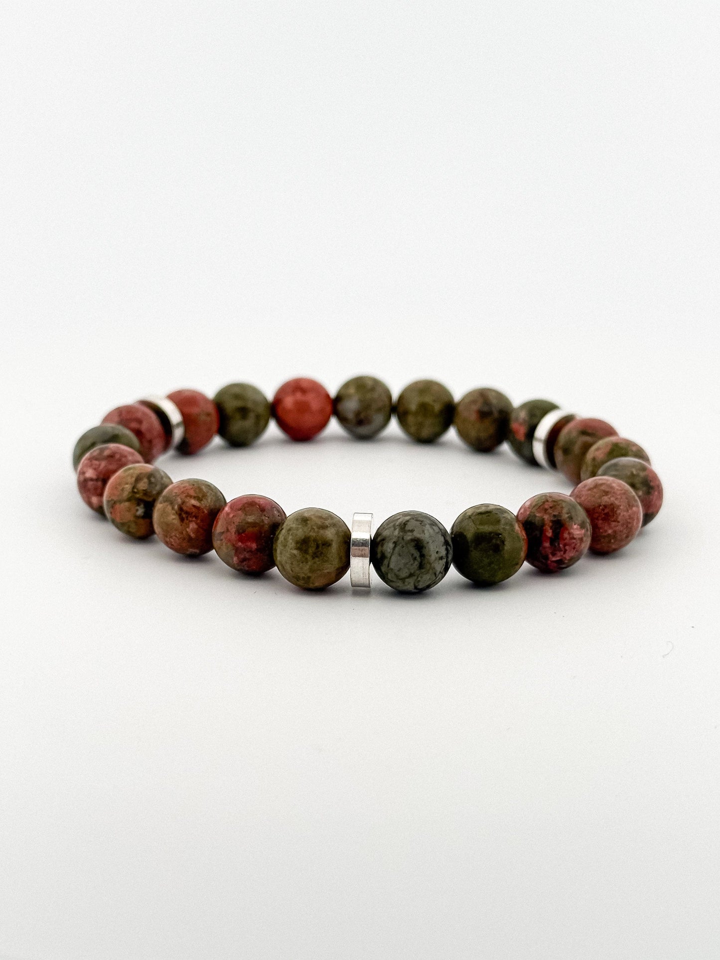 Unakite Bracelet Silver Disks 8mm
