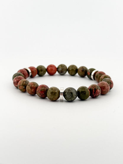 Unakite Bracelet Silver Disks 8mm