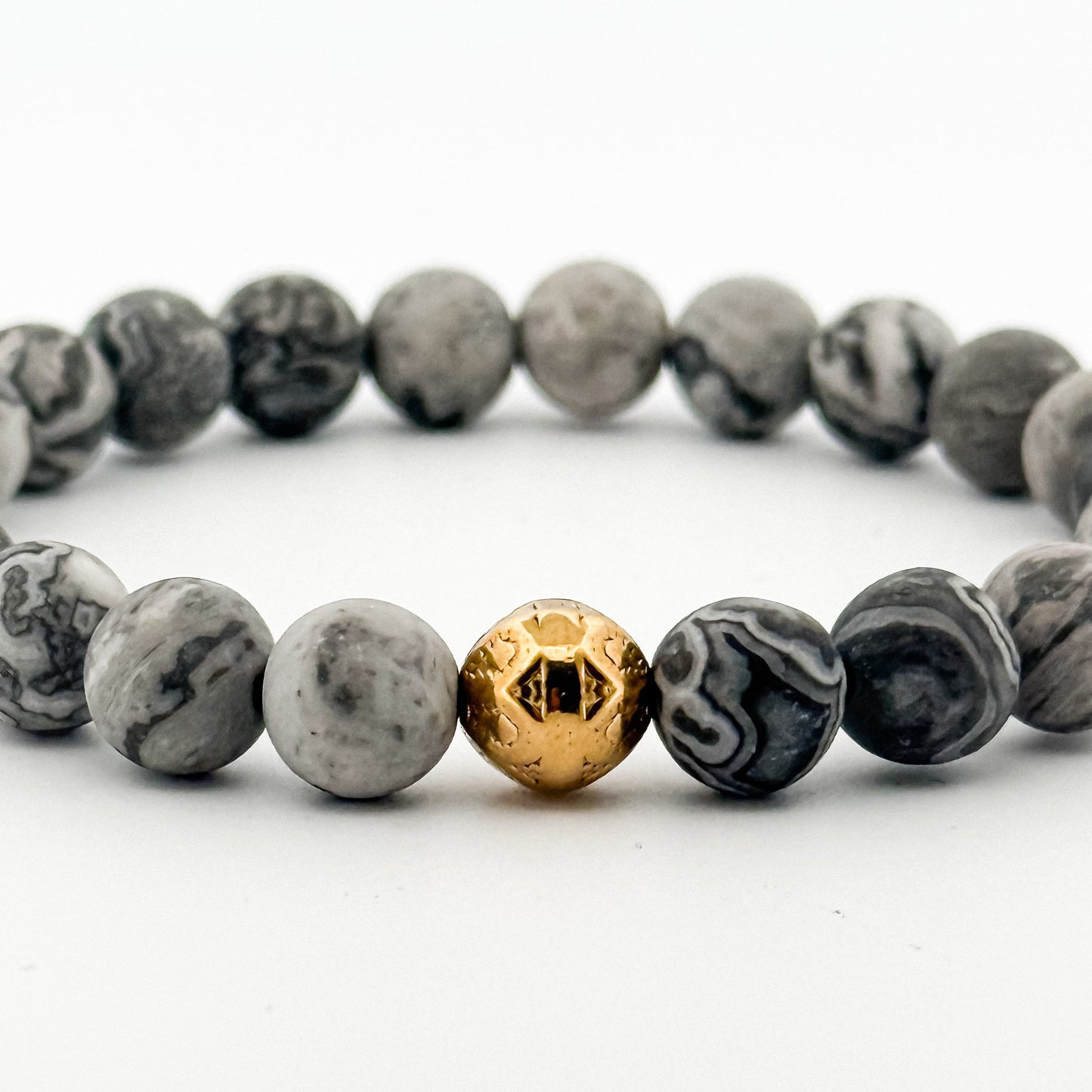 Map stone Bracelet Gold 8mm Gold Bead engraved with flower