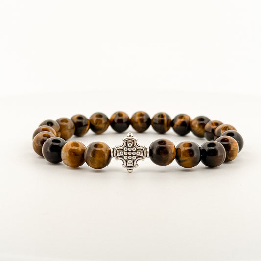 Tiger Eye Bracelet Silver Square Cross 8mm