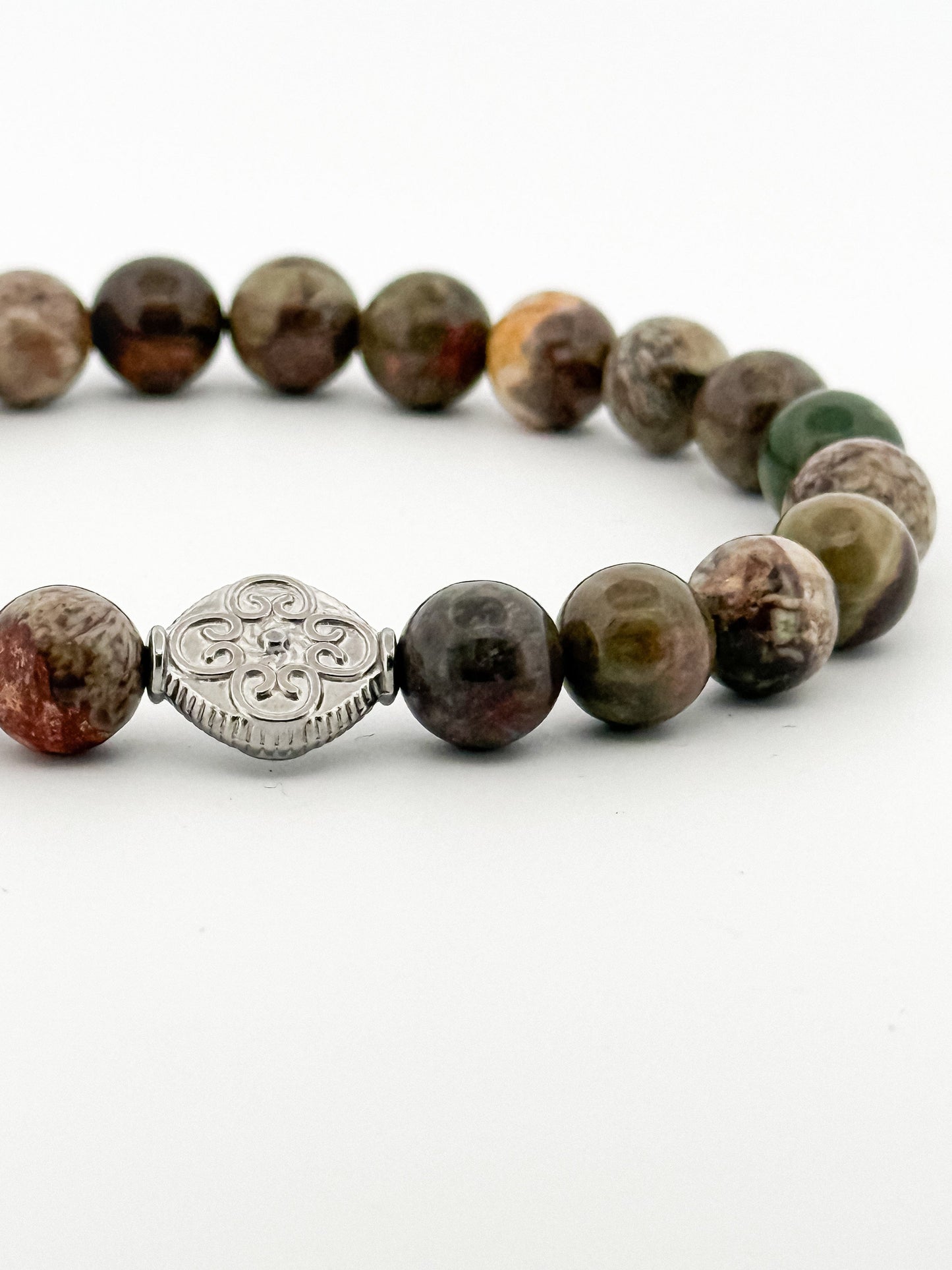Rain Forest Agate Bracelet Silver Coin engraved with Flower 8mm