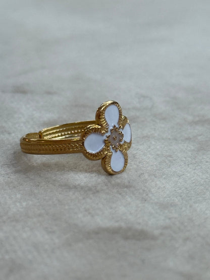 White Clover Enamel Gold Ring