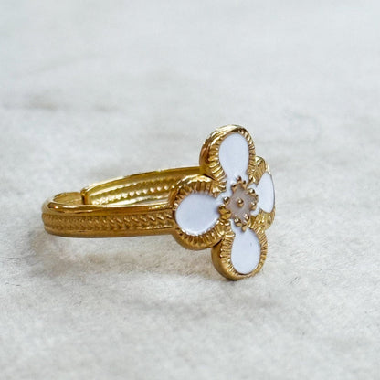 White Clover Enamel Gold Ring