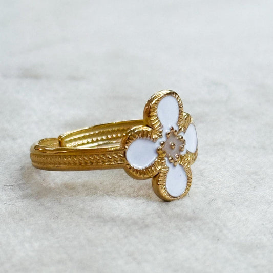 White Clover Enamel Gold Ring