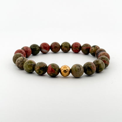 Unakite Bracelet Gold Bead engraved with Flower 8mm