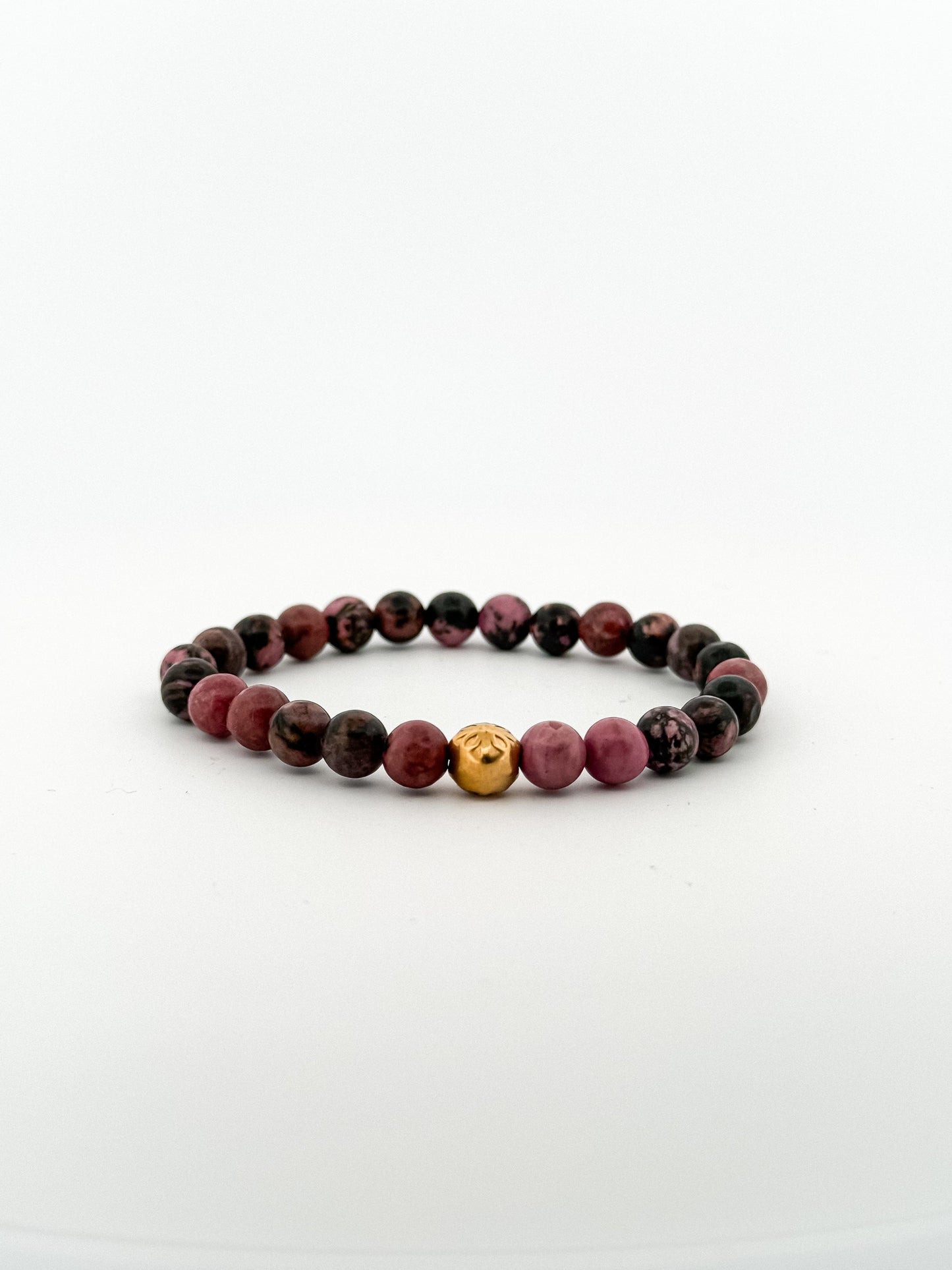 Dark Rhodonite Bracelet Gold 6mm Gold Bead Engraved with Flower