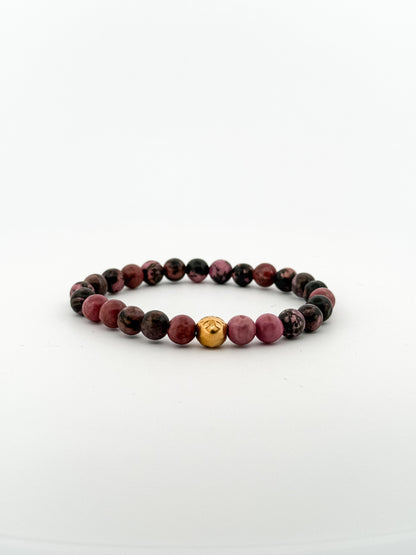 Dark Rhodonite Bracelet Gold 6mm Gold Bead Engraved with Flower