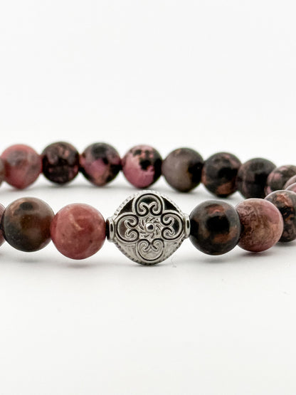 Dark Rhodonite Bracelet Gold 8mm Silver Flower Coin