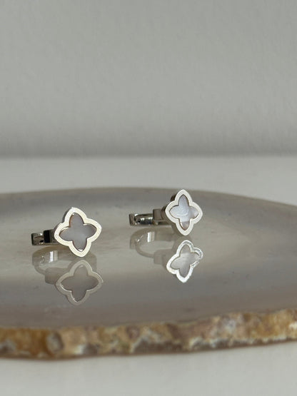 White Flower Silver Hoops (Stainless steel)