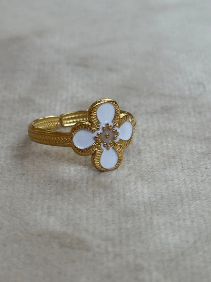 White Clover Enamel Gold Ring