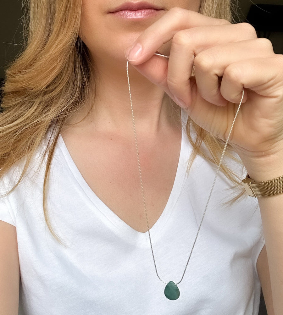 Green Agate Silver Necklace Drop