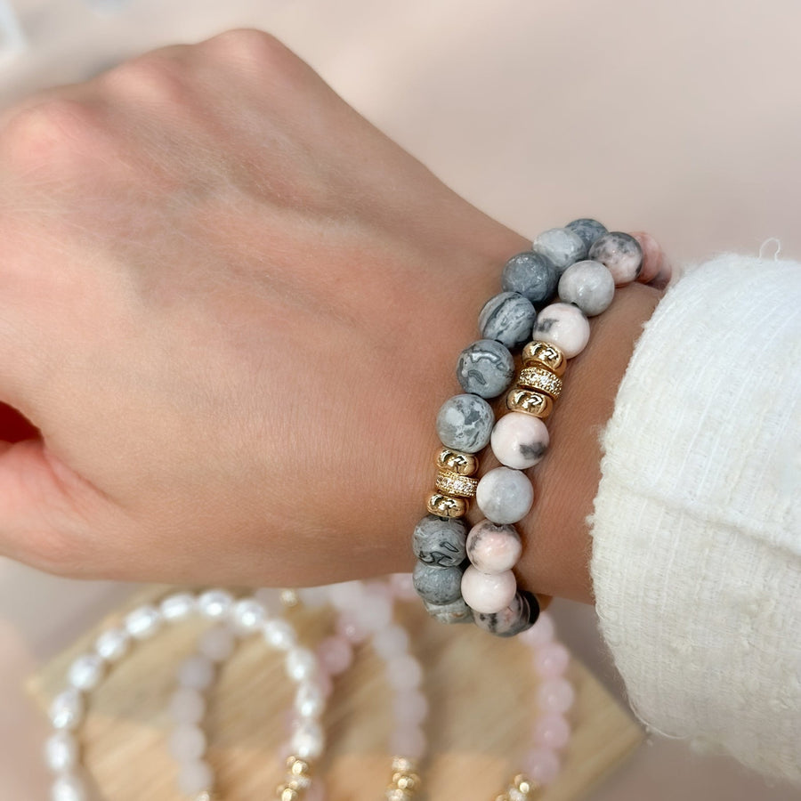 Pink Zebra Jasper Bracelet with Gold disks