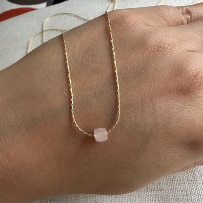 Rose Quartz Gold Necklace (June Birthstone) <br> Minimalist Square