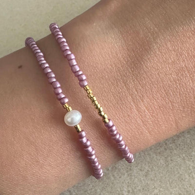 Set of 2 Lilac Rocaille Bracelets Gold and Pearl