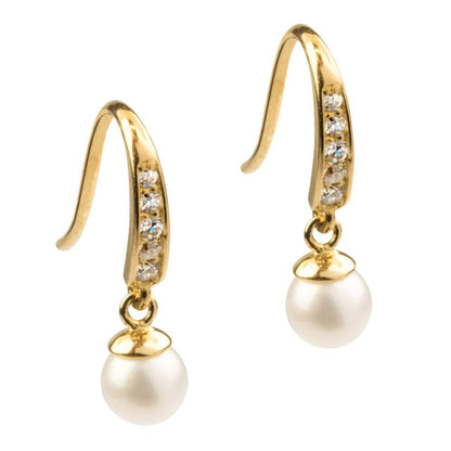 Real 9k Gold earrings with natural fresh water pearl drops on a white background