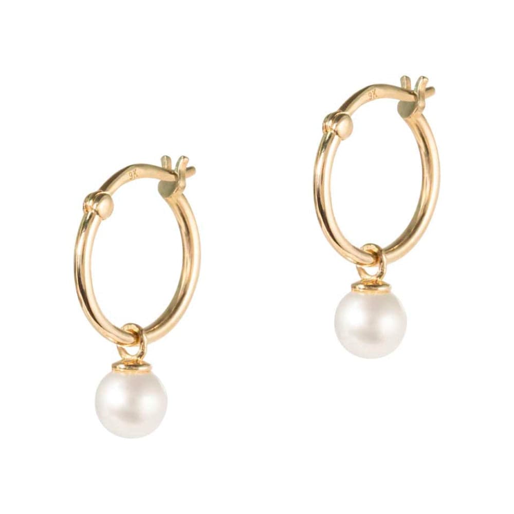 Real 9k Gold hoop earrings with Fresh water pearl drops on a white background