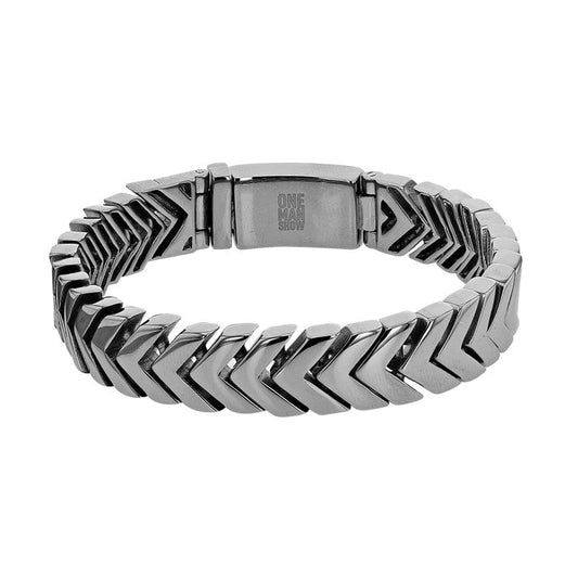 Silver bracelet with geometric design on a white background