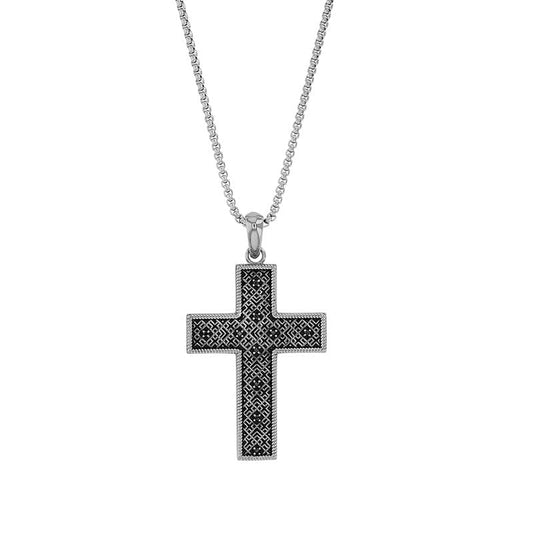 Silver cross pendant necklace on a white background