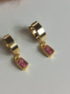 Rectangular Pink Stone Gold Earring Cubic Zirconia