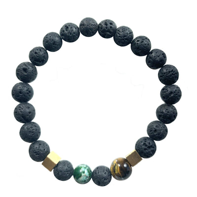 Lava stone bracelet, tiger eye, green regalite and golden square