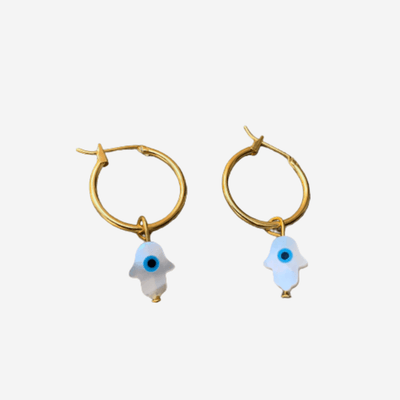 Hamsa Evil Eye Mother Pearl Gold Hoops Earrings