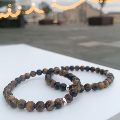 Tiger Eye Bracelet <br> 3 Silver Disks (6mm)