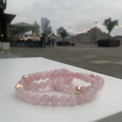 Rose quartz bracelet and gold disk plated