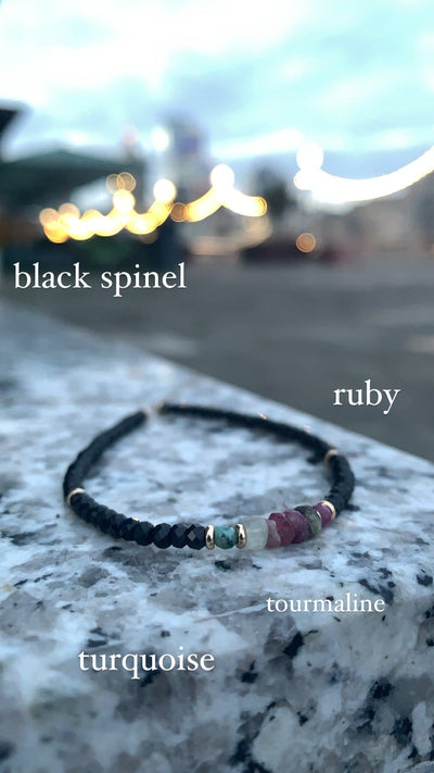 Black spinel, watermelon tourmaline, ruby, turquoise bracelet gold