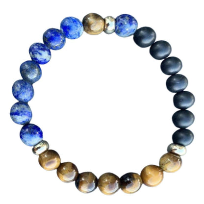 Black onyx, Lapis Lazuli & Tiger Eye Bracelet Gold Disk