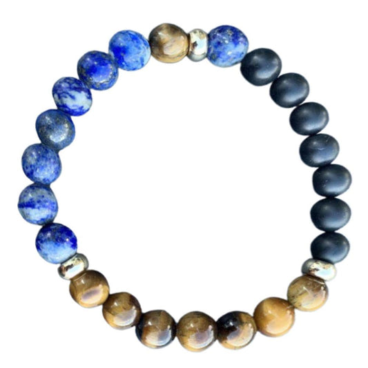 Black onyx, Lapis Lazuli & Tiger Eye Bracelet Gold Disk
