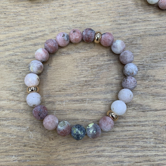 Sesame Pink Jasper Bracelet Gold Plated Disk 18k
